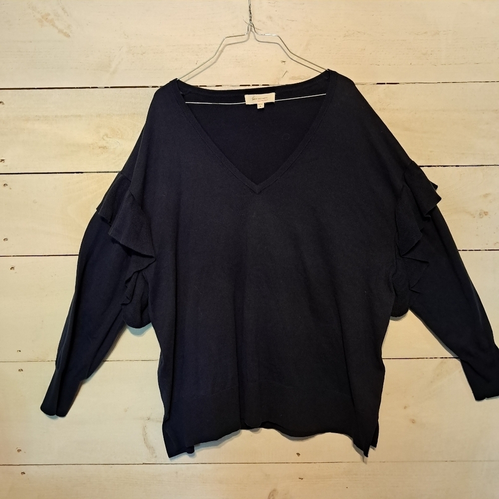 Two by Vince Camuto Navy Sweater Ruffled Long Sleeve Top Size XL